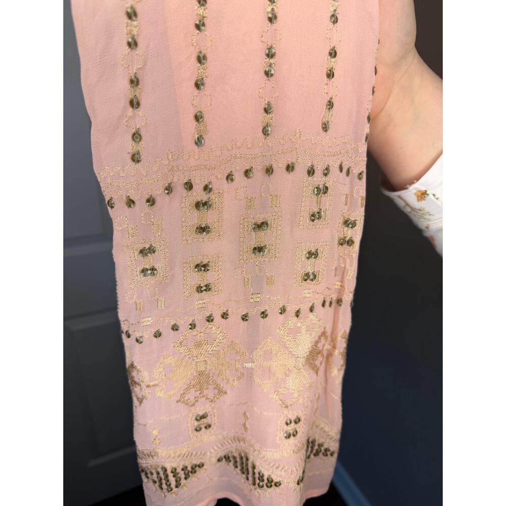 Floreat Anthropologie Sleeveless Blouse S Pink Beaded Embroidered Sheer Boho - Picture 4 of 4